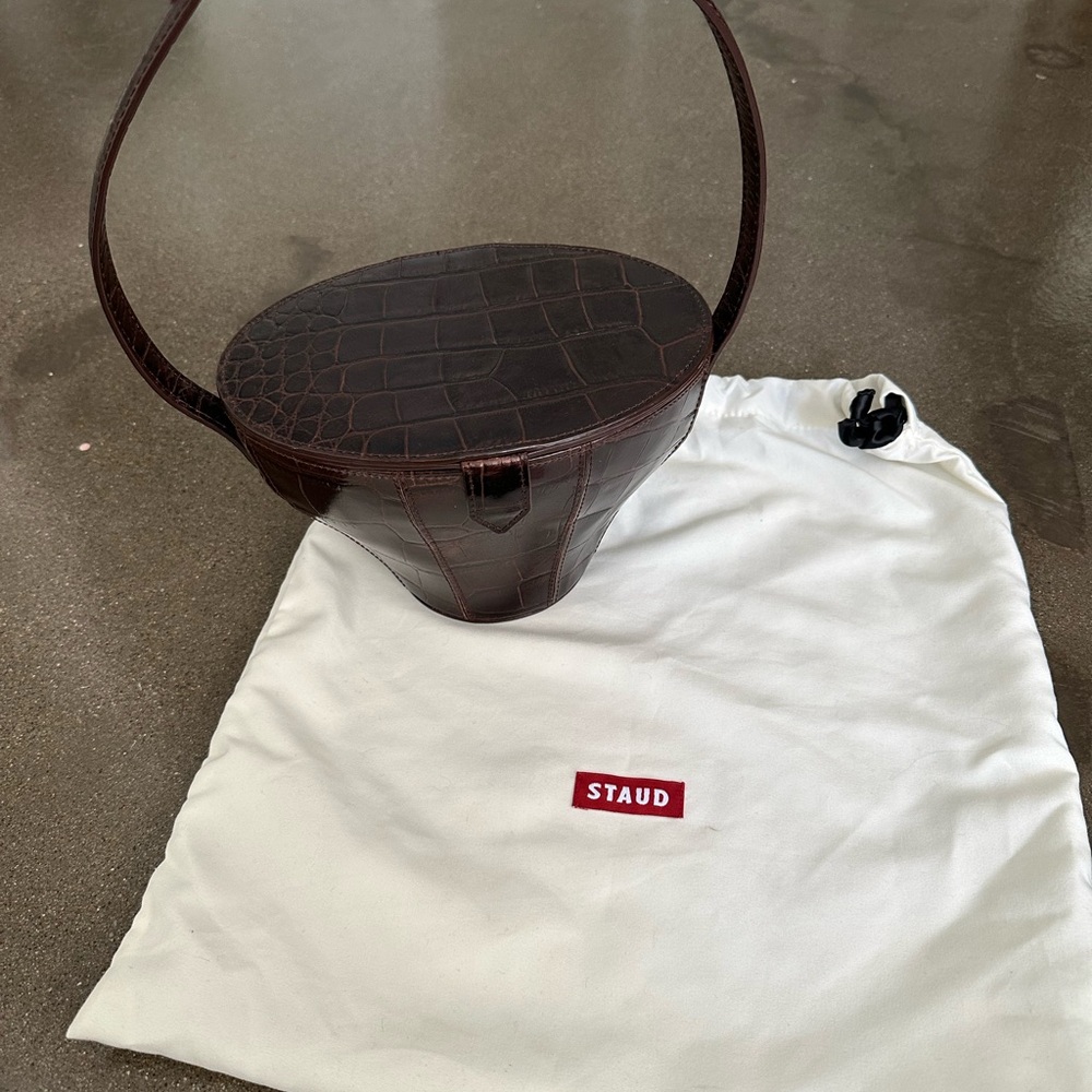 STAUD Chocolate Croc-Embossed Handbag